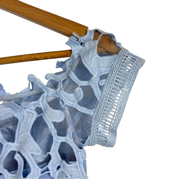 CHI CHI LONDON SKY BLUE GUIPURE FLORAL LACE OFF THE SHOULDER COCKTAIL DRESS - Picture 13 of 15